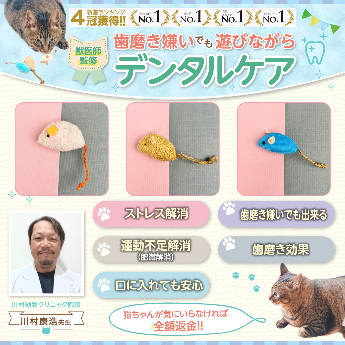 【歯磨き嫌いでも遊びながらデンタルケア】猫 おもちゃ ねずみ ひとり遊び 歯磨き (3個入り)